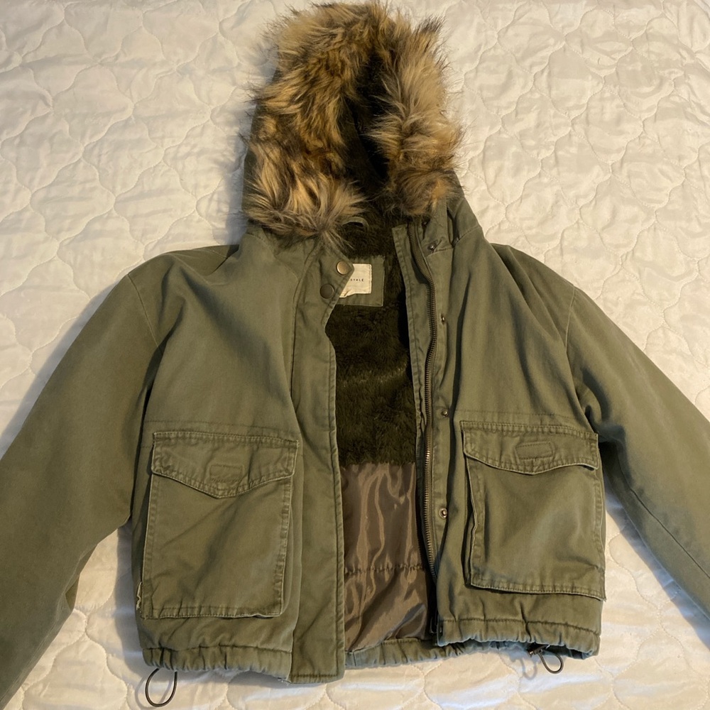 Aeropostale Green Hooded Jacket with Faux Fur Trim